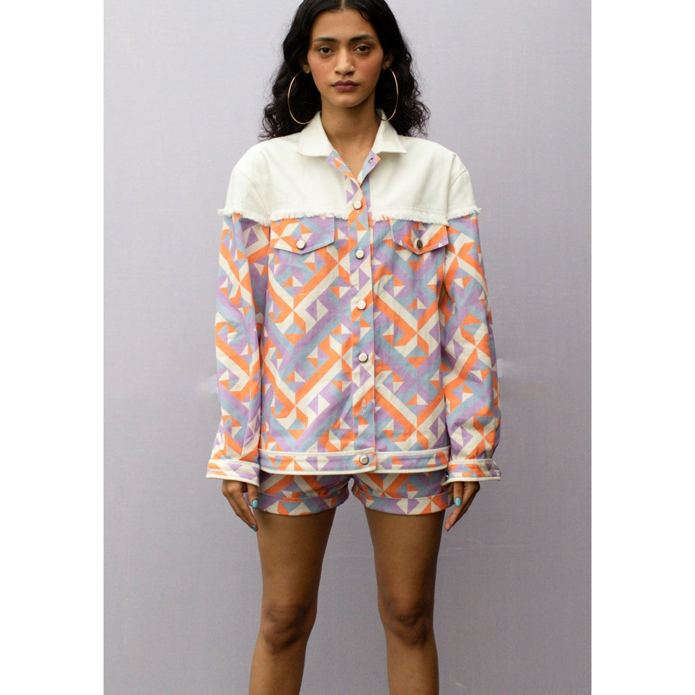 Nirmooha Purple Geometric Print Denim Shorts