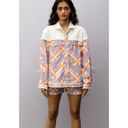 Nirmooha Purple Geometric Print Denim Shorts