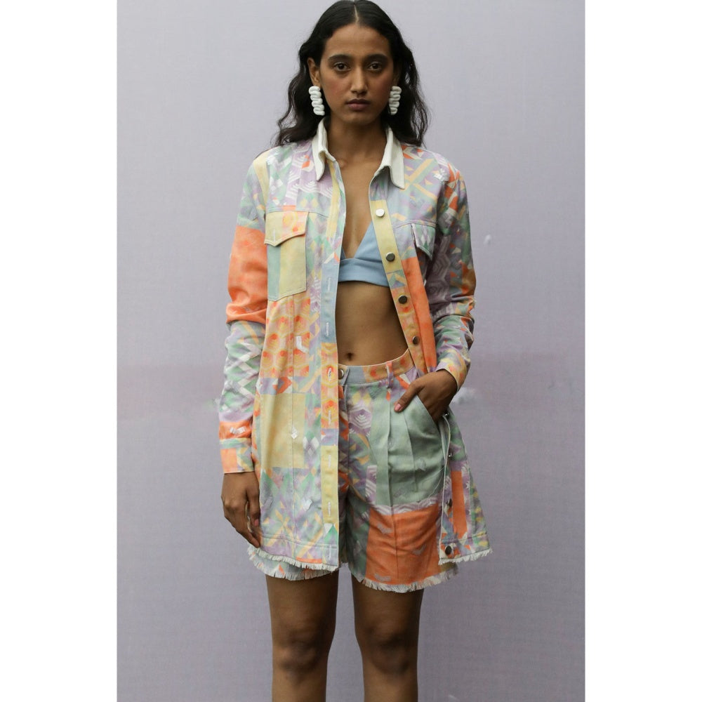 Nirmooha Green Printed Geo Denim Shorts
