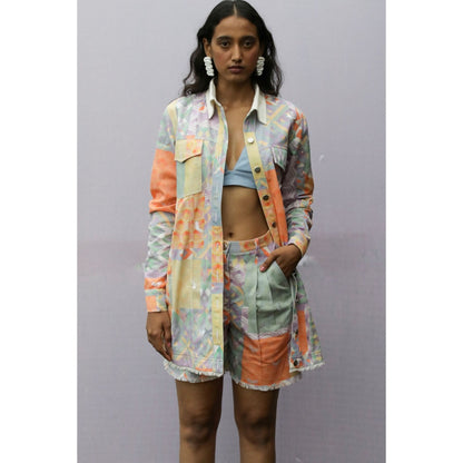 Nirmooha Green Printed Geo Denim Shorts