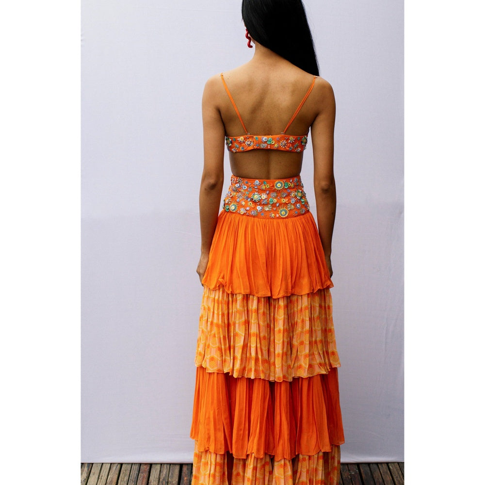 Nirmooha Orange Layered Embroidered Yoke Georgette Skirt with Belt