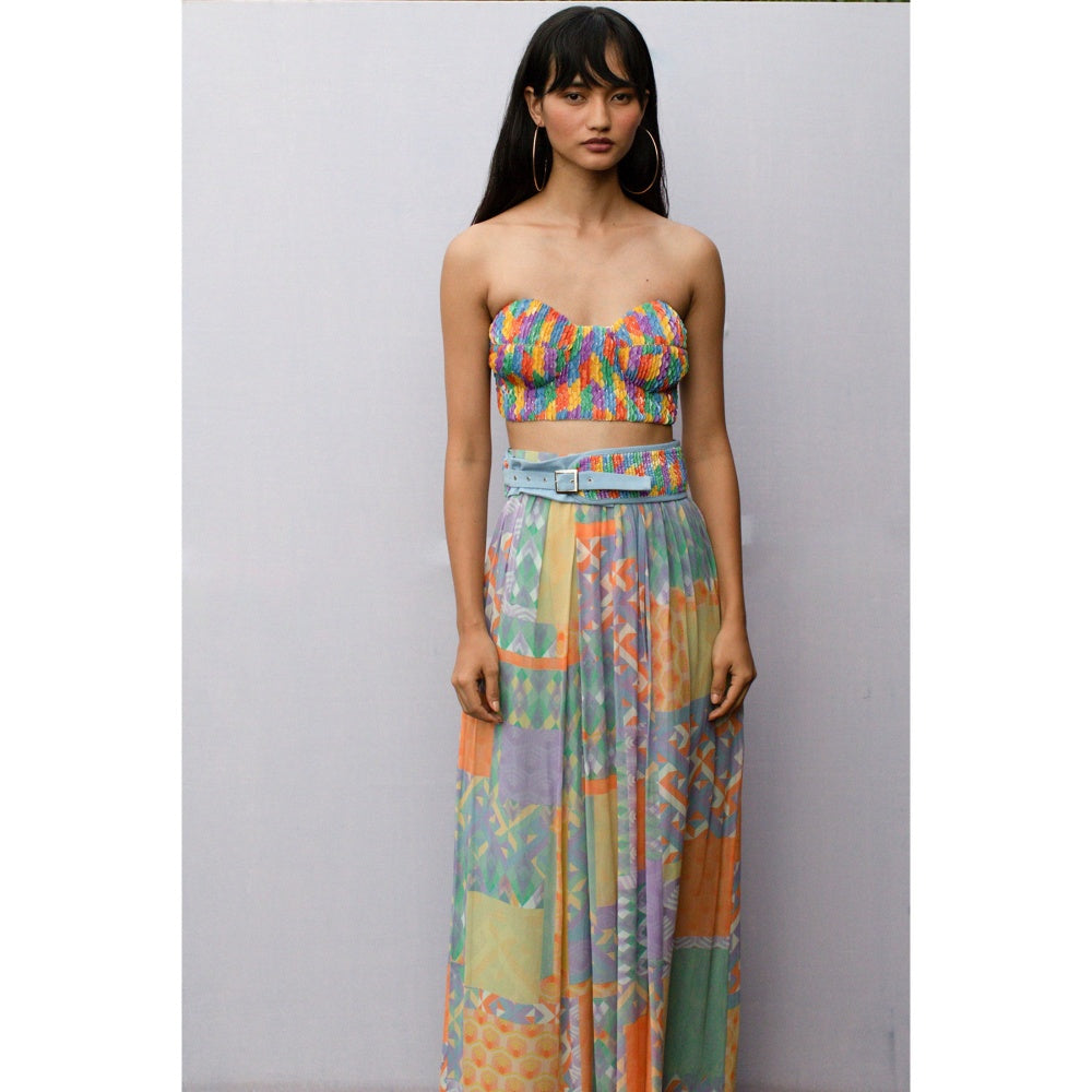 Nirmooha Geometric Printed Gathered Maxi-Skirt with Belt with Handcrafted Sequin Belt