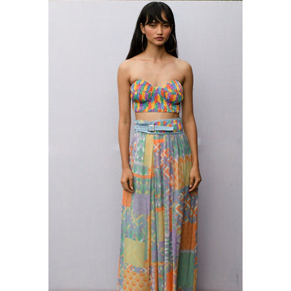 Nirmooha Geometric Printed Gathered Maxi-Skirt with Belt with Handcrafted Sequin Belt