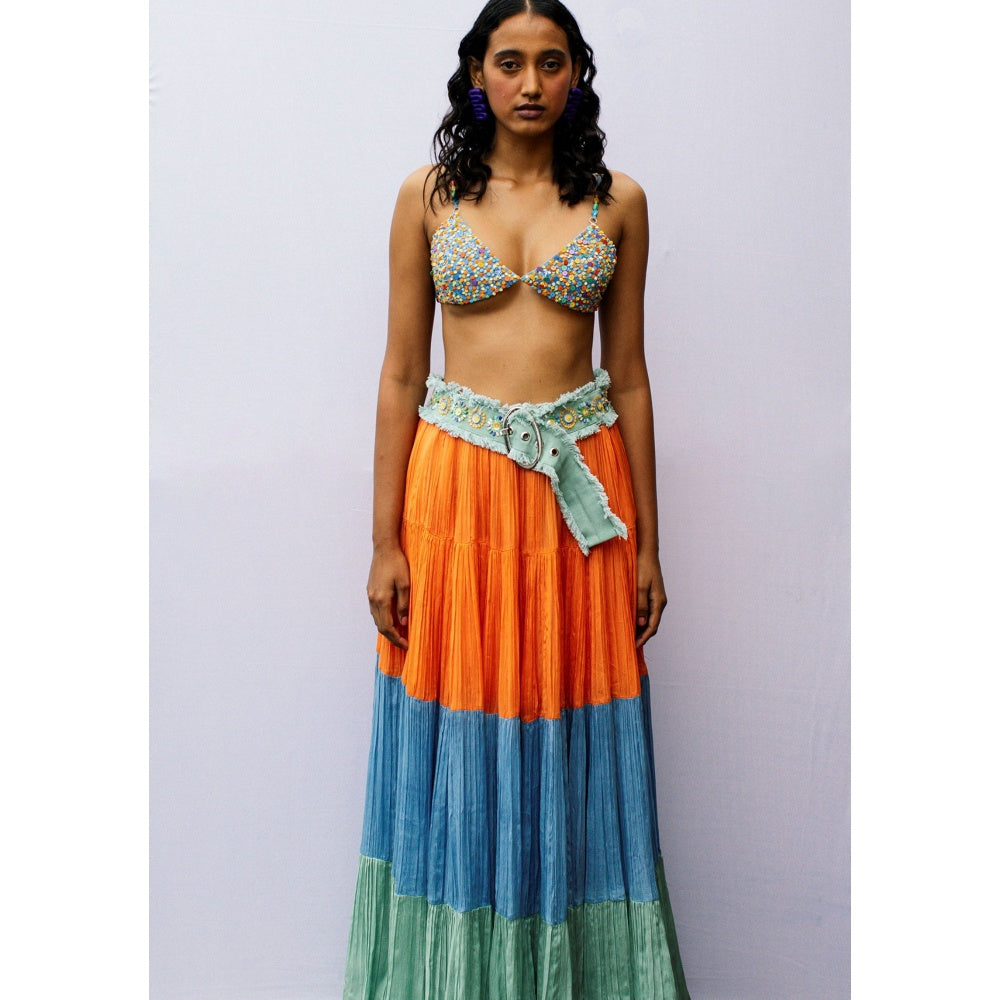 Nirmooha Mustard Colour Block Tiered Skirt with Belt