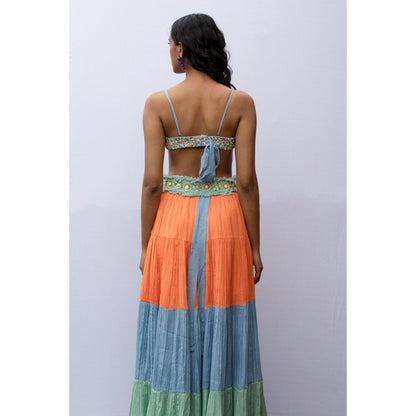 Nirmooha Mustard Colour Block Tiered Skirt with Belt