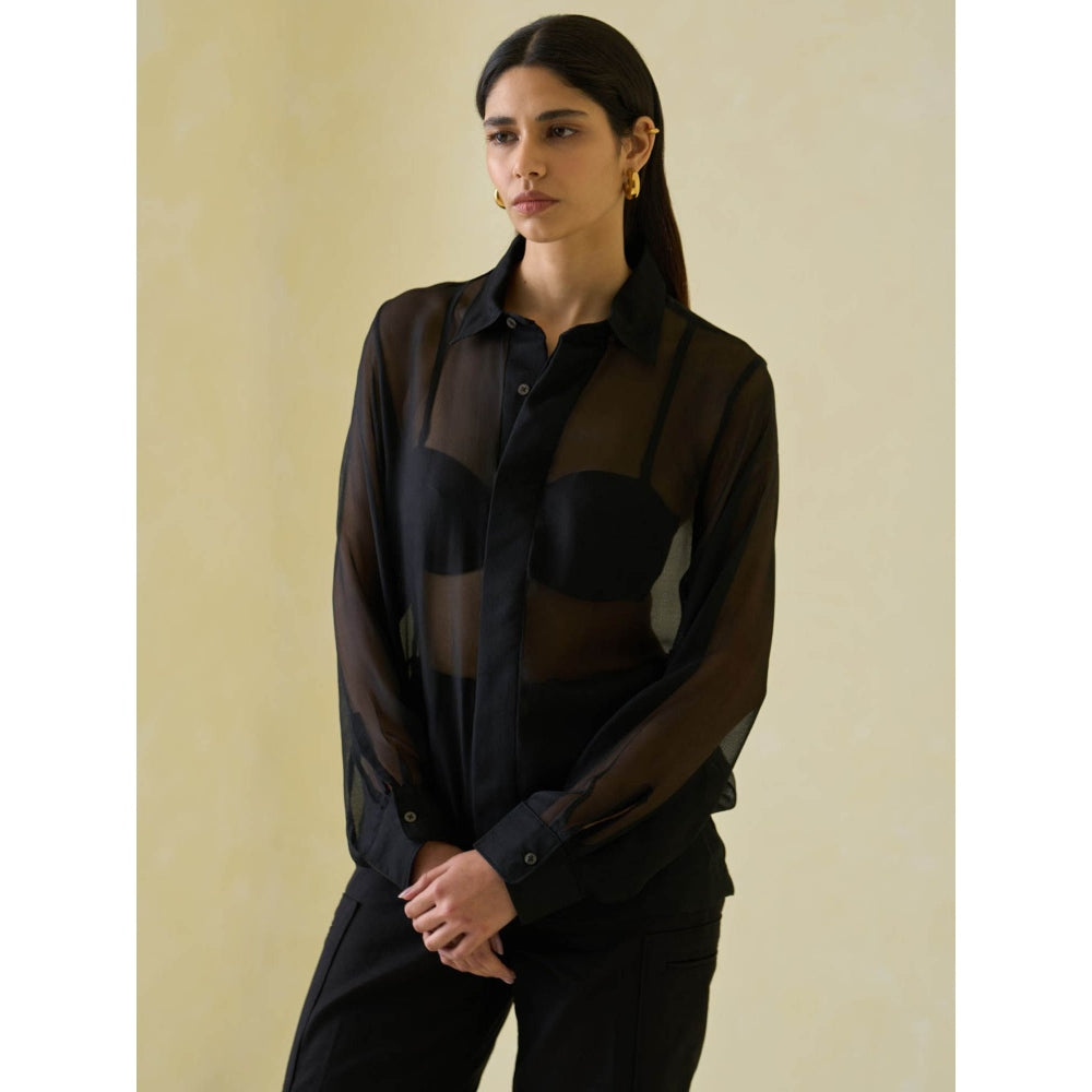No Grey Area Black Silk-Mesh Boxy Shirt
