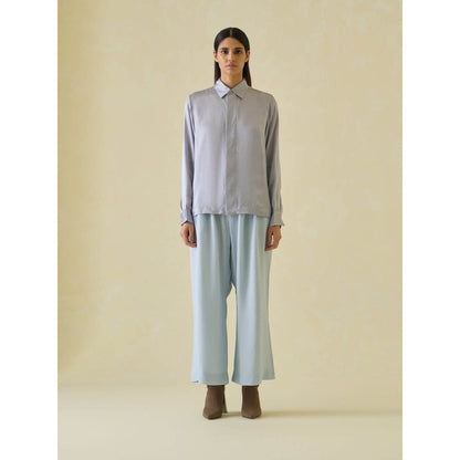 No Grey Area Grey Crinkled Satin Boxy Shirt