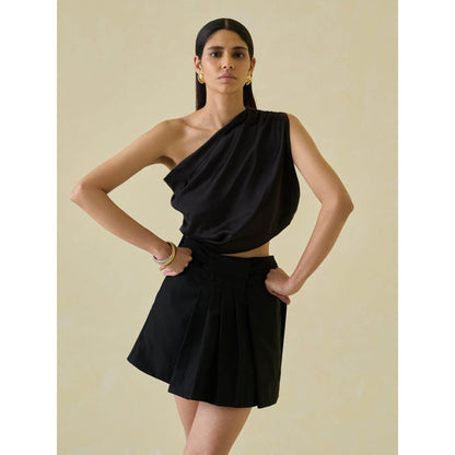 No Grey Area Black One Shoulder Sari Top