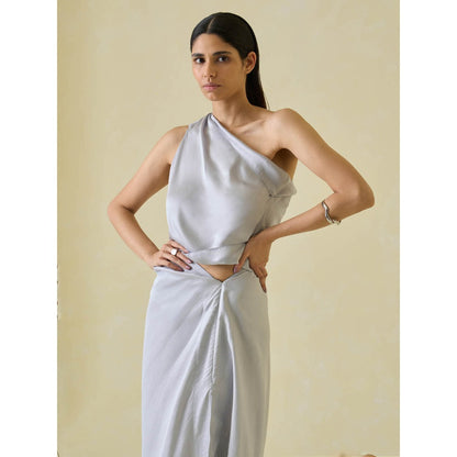 No Grey Area One-Shoulder Sari and Sari Draped Co-ord (Set of 2)