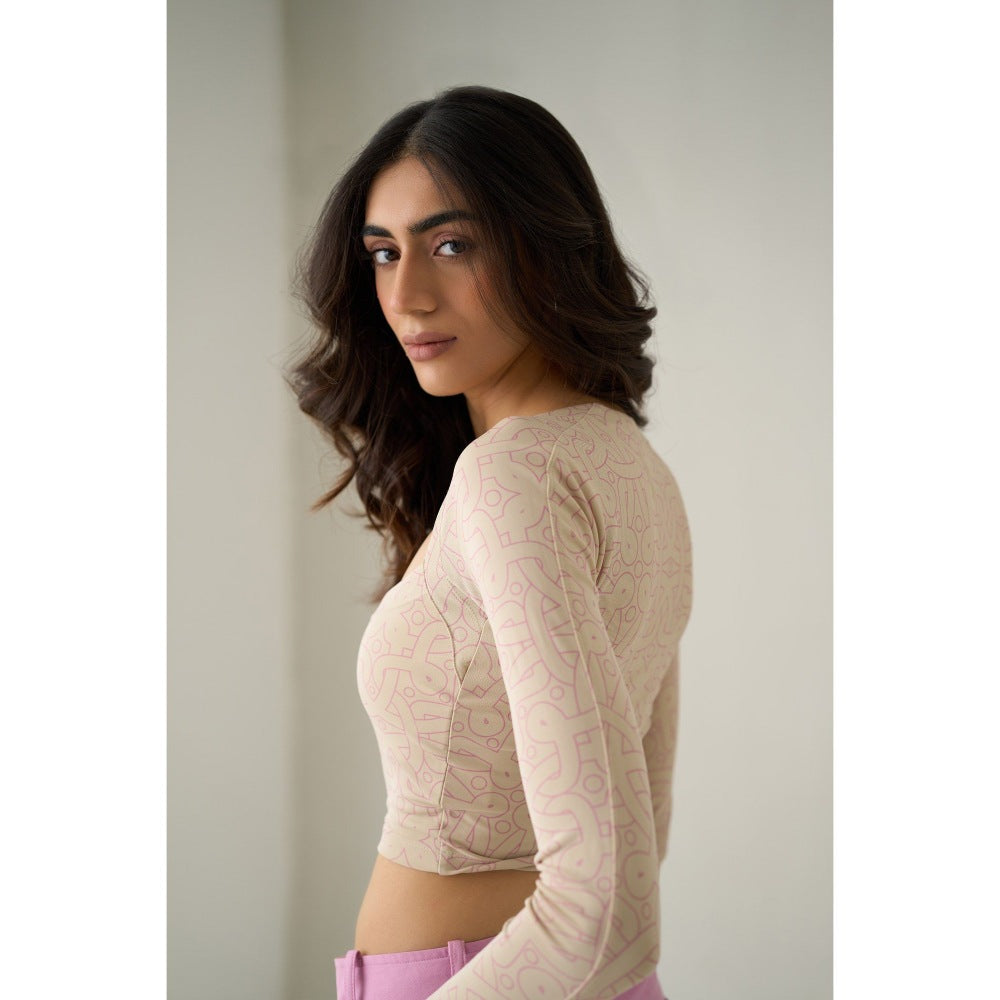 No Grey Area Beige Kolam Long Sleeve Crop Top