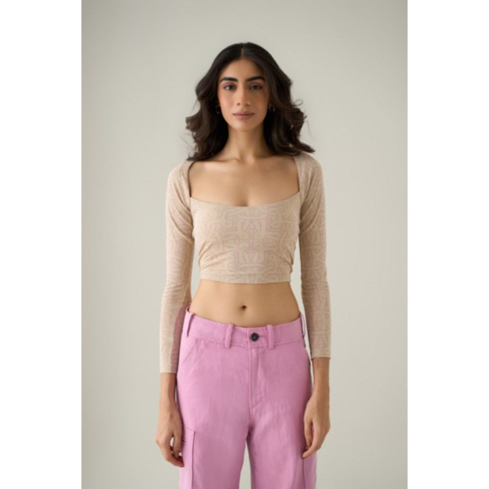 No Grey Area Beige Kolam Long Sleeve Crop Top