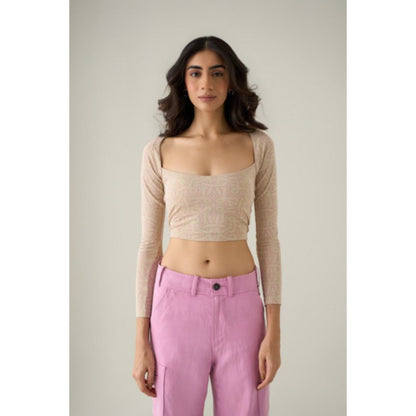 No Grey Area Beige Kolam Long Sleeve Crop Top