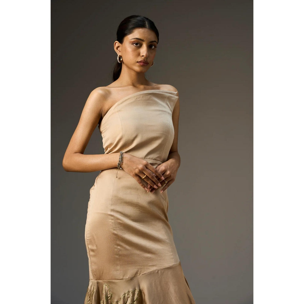 nona Beige Lehr Off Shoulder Structured Midi Dress