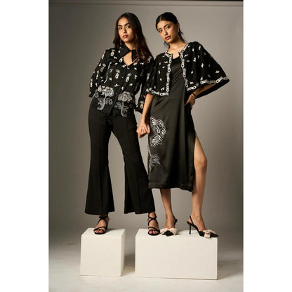 nona Black Lehr Midi Dress With Cape