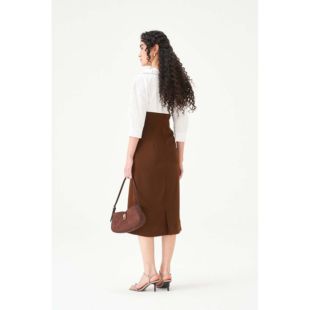 Notebook Women Brown Notched Lapel Neck Midi Dress