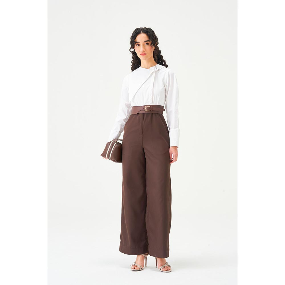 Notebook Women Brown Solid Round Neck Jumpsuit