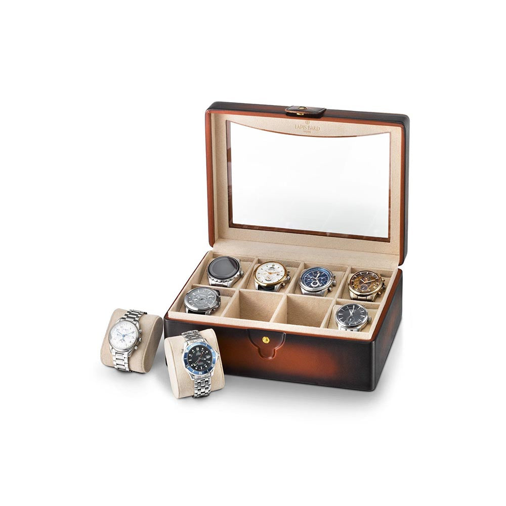 Lapis Bard Conrad Dual-Tone Watch Case with Pelxiglass Top (8 Watch Capacity) - Cognac