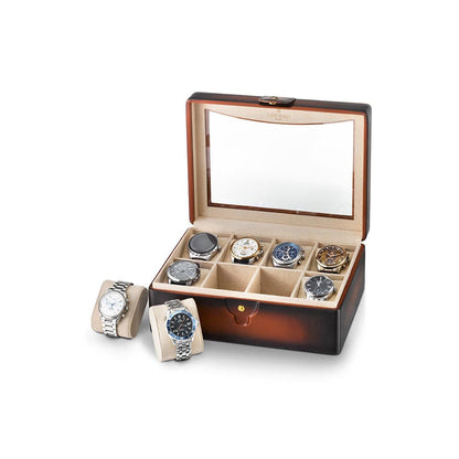 Lapis Bard Conrad Dual-Tone Watch Case with Pelxiglass Top (8 Watch Capacity) - Cognac