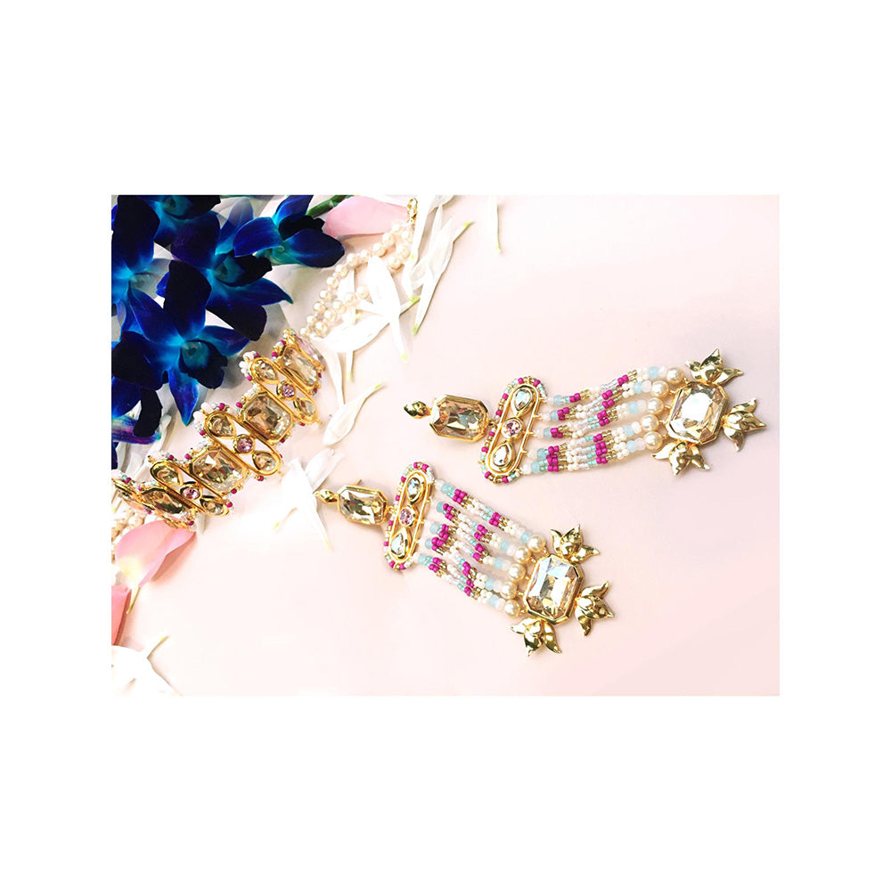 ORNAMAAS Gold Quartz Jade Phulkari Earrings