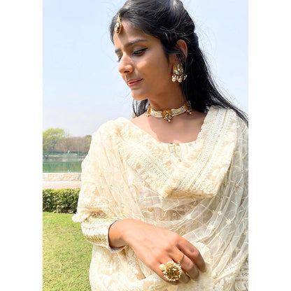 ORNAMAAS Gold Plated Topaz Phulkari Pearl Drop Ring