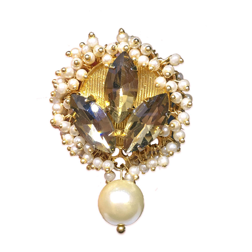 ORNAMAAS Gold Plated Topaz Phulkari Pearl Drop Ring