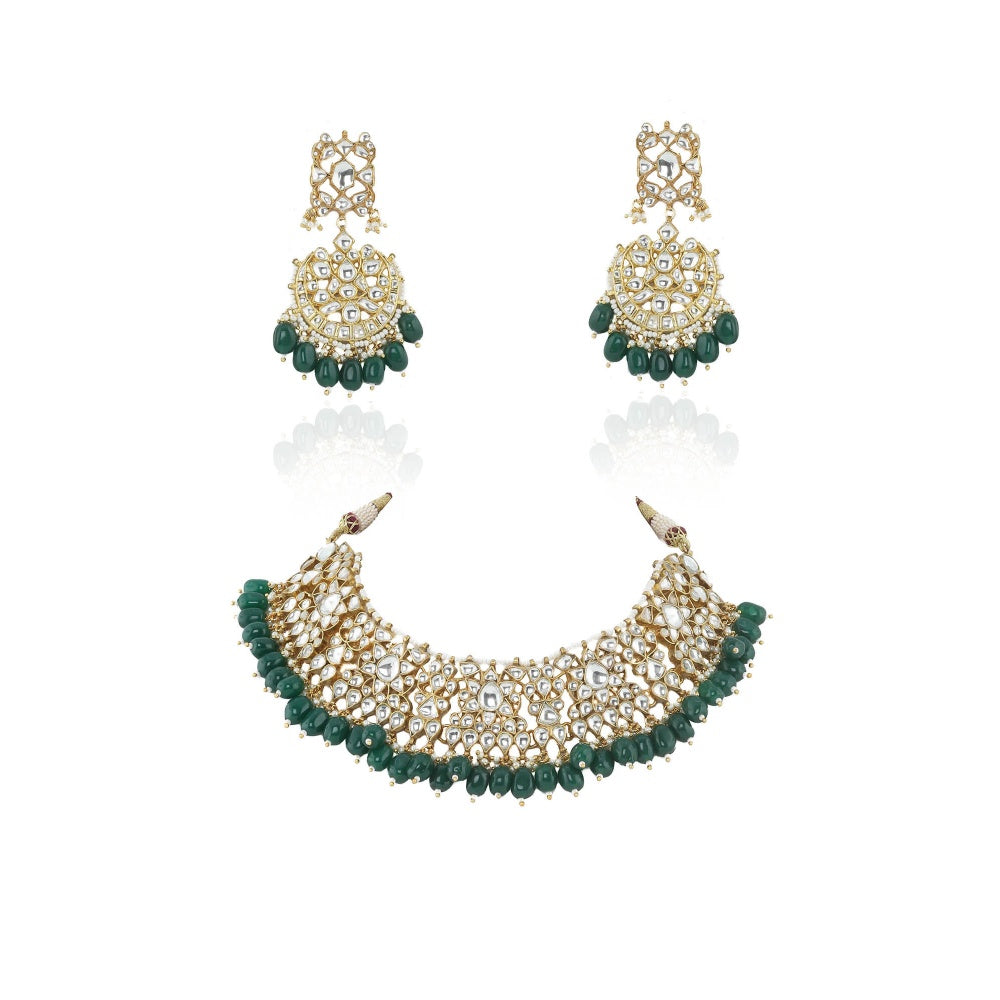 RIANA JEWELLERY White Choker Set With Green Beads (Set of 2)