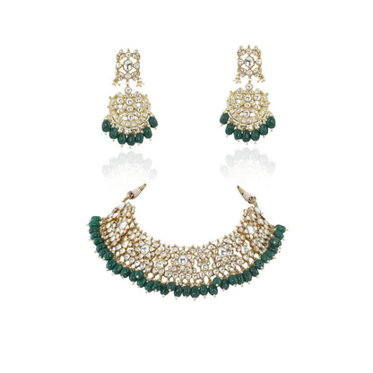 RIANA JEWELLERY White Choker Set With Green Beads (Set of 2)