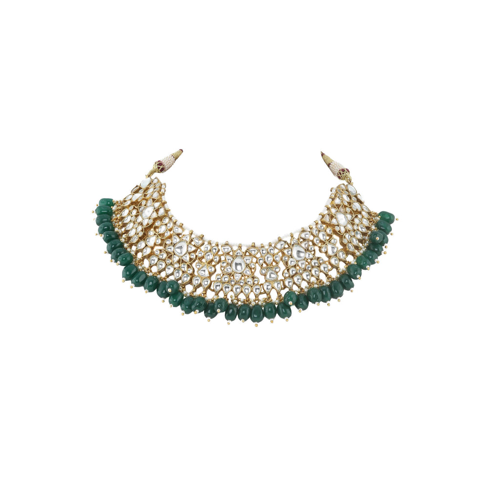 RIANA JEWELLERY White Choker Set With Green Beads (Set of 2)