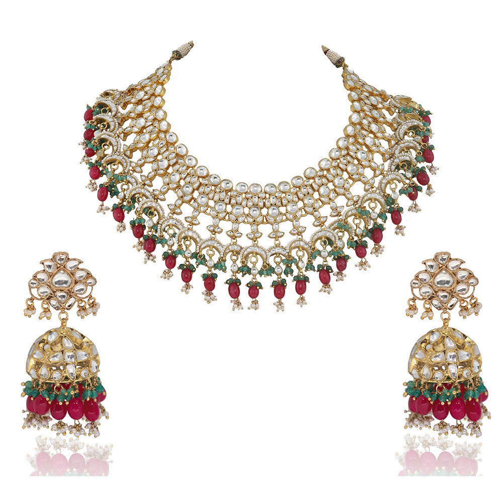 RIANA JEWELLERY White Jadtar Stone Heavy Bridal Necklace Set Pink Beads and Jhumki (Set of 2)