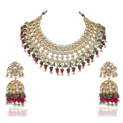 RIANA JEWELLERY White Jadtar Stone Heavy Bridal Necklace Set Pink Beads and Jhumki (Set of 2)