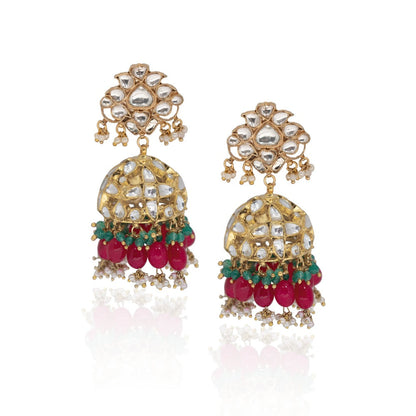 RIANA JEWELLERY White Jadtar Stone Heavy Bridal Necklace Set Pink Beads and Jhumki (Set of 2)
