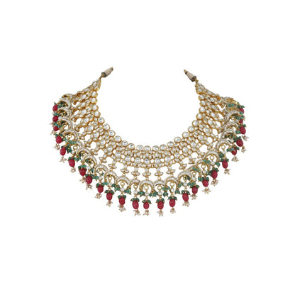 RIANA JEWELLERY White Jadtar Stone Heavy Bridal Necklace Set Pink Beads and Jhumki (Set of 2)