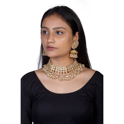 RIANA JEWELLERY White Jadtar Stone Heavy Bridal Set With Pearl (Set of 2)
