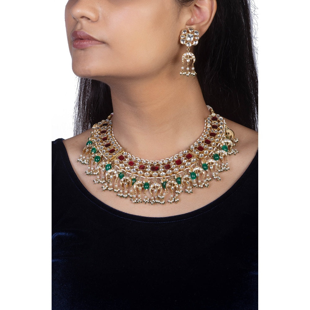 RIANA JEWELLERY Pink and White Small Stone Choker Set (Set of 2)