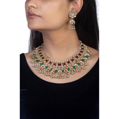 RIANA JEWELLERY Pink and White Small Stone Choker Set (Set of 2)