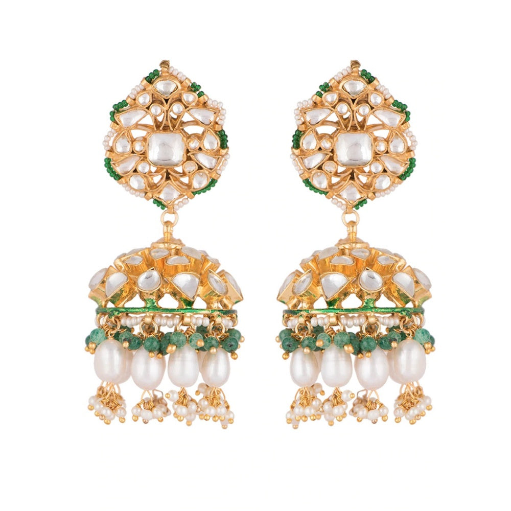 RIANA JEWELLERY Jhumki Earrings With White Jadtar Stones, Beaded With Rice Pearls and Emerald Beads