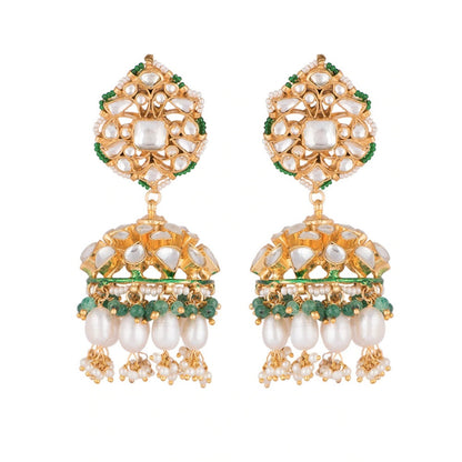 RIANA JEWELLERY Jhumki Earrings With White Jadtar Stones, Beaded With Rice Pearls and Emerald Beads