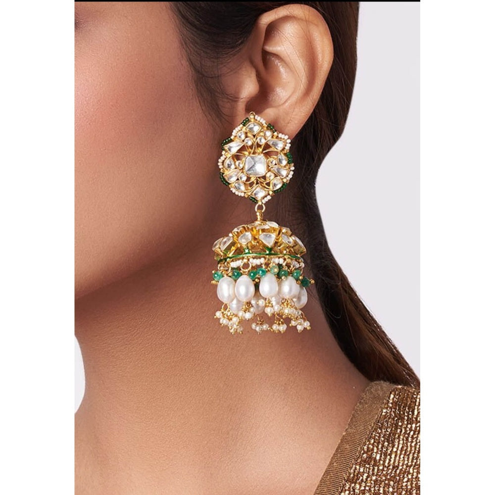 RIANA JEWELLERY Jhumki Earrings With White Jadtar Stones, Beaded With Rice Pearls and Emerald Beads