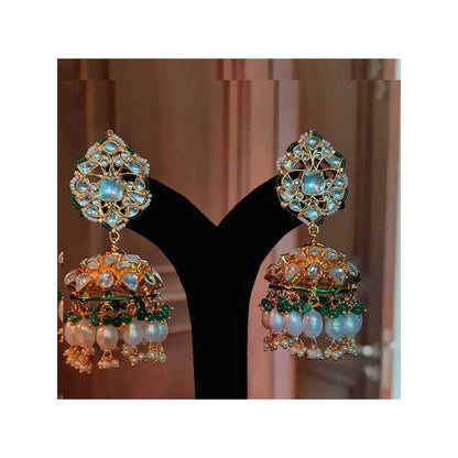 RIANA JEWELLERY Jhumki Earrings With White Jadtar Stones, Beaded With Rice Pearls and Emerald Beads