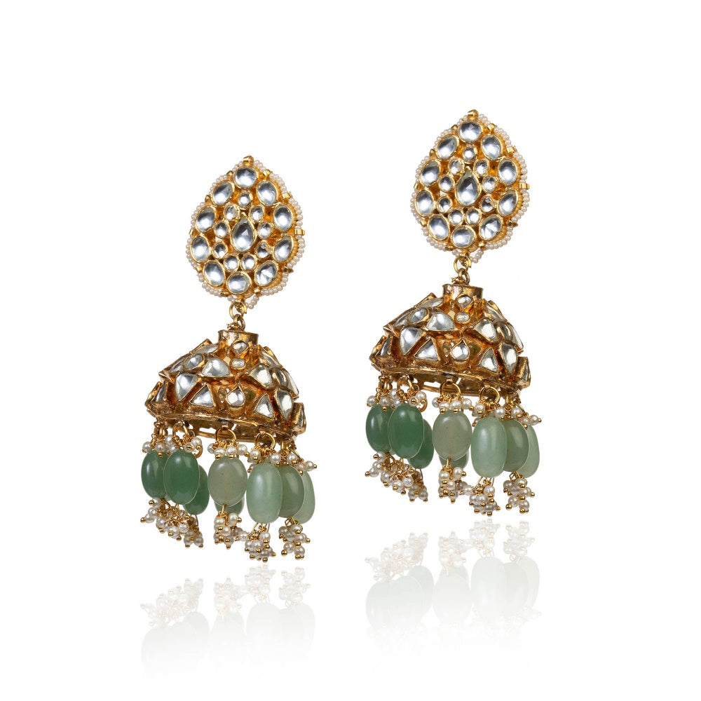 RIANA JEWELLERY White Stone Jhumki With Sea Green Beads