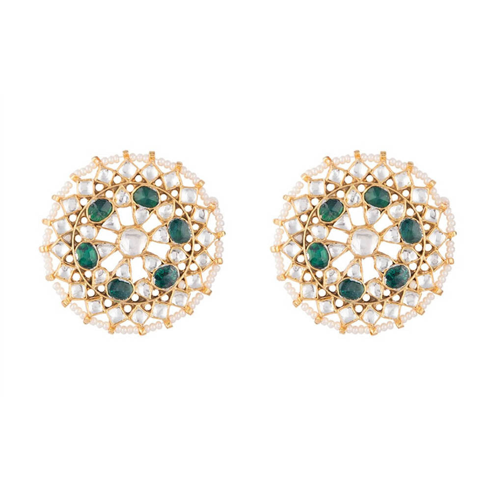 RIANA JEWELLERY Round Stud Earrings With Green and White Stones With Beaded With Pearl