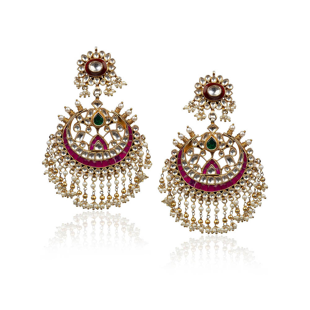 RIANA JEWELLERY Brown and Pink Big Earrings With Jadtar Stone