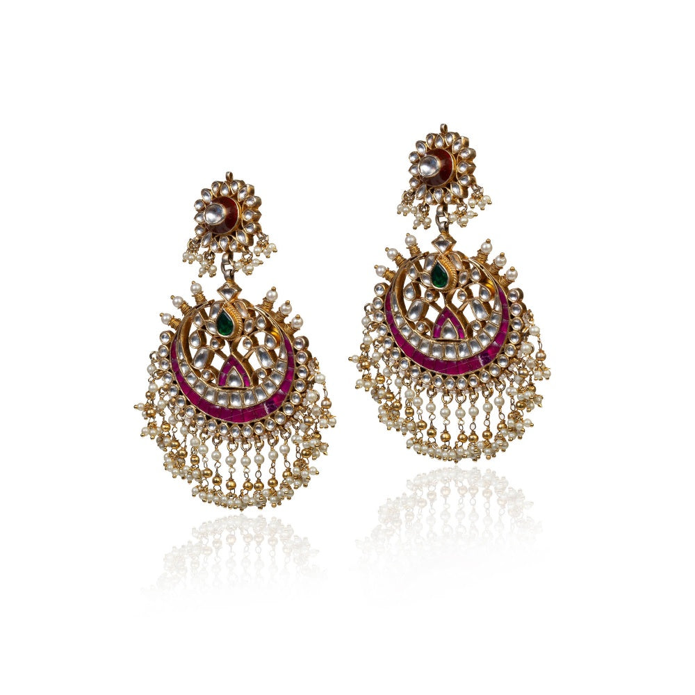 RIANA JEWELLERY Brown and Pink Big Earrings With Jadtar Stone