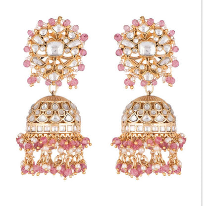 RIANA JEWELLERY White Jadtar Stone Jhumki Earrings Beaded With Light Pink Beads and Pearl