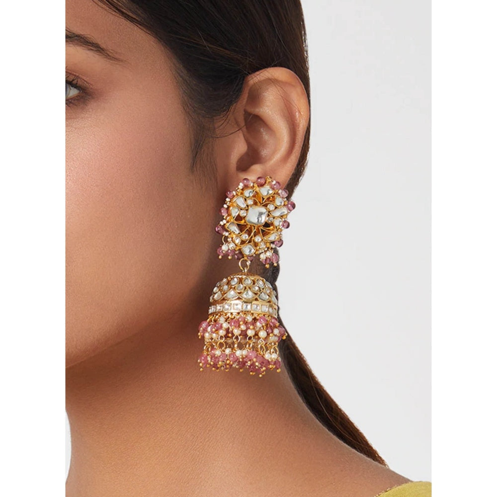 RIANA JEWELLERY White Jadtar Stone Jhumki Earrings Beaded With Light Pink Beads and Pearl