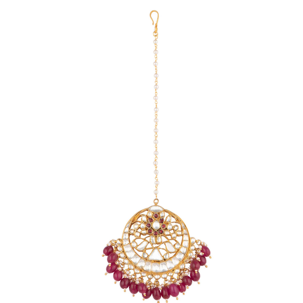 RIANA JEWELLERY Triangle Piece Tikka With Maroon Hangings