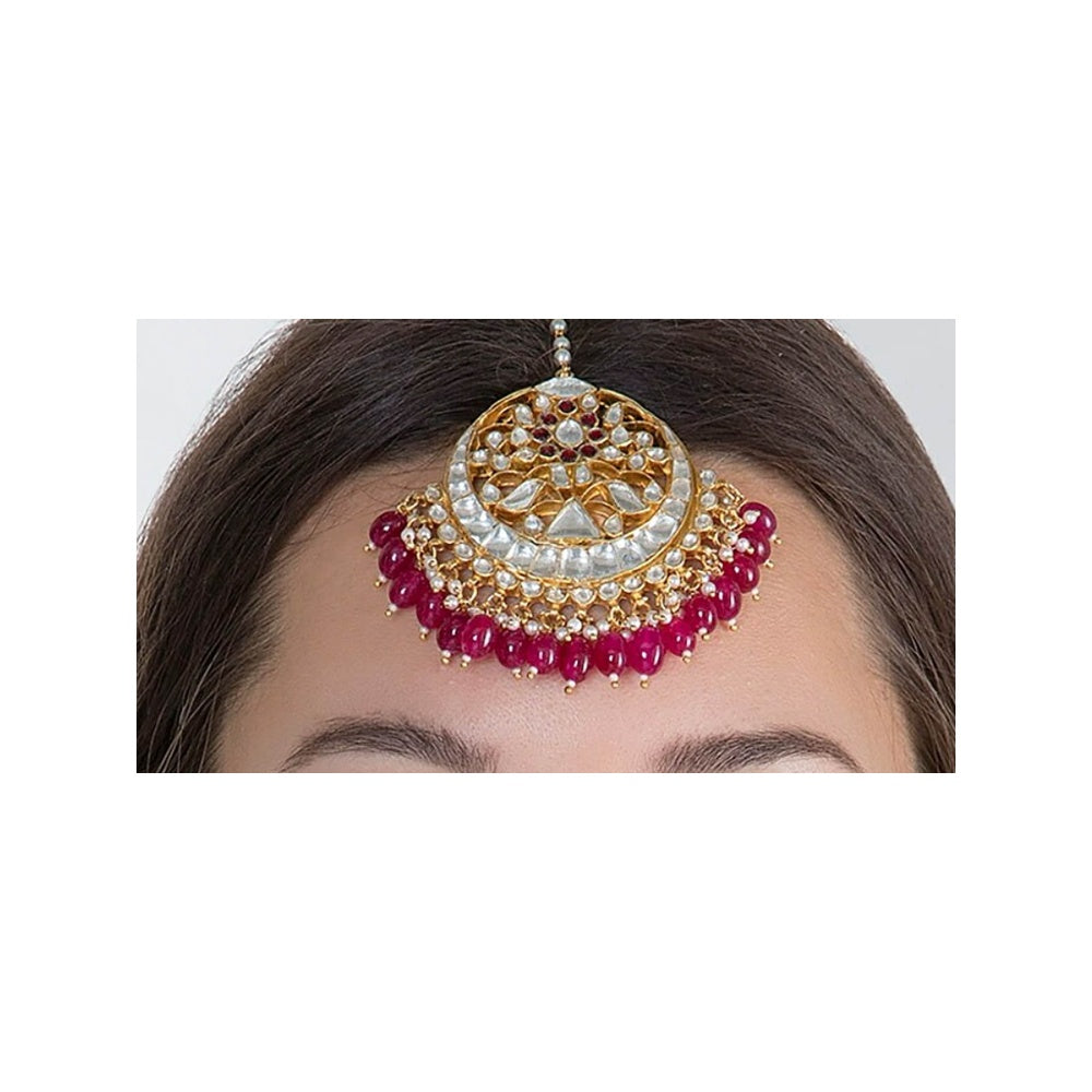 RIANA JEWELLERY Triangle Piece Tikka With Maroon Hangings