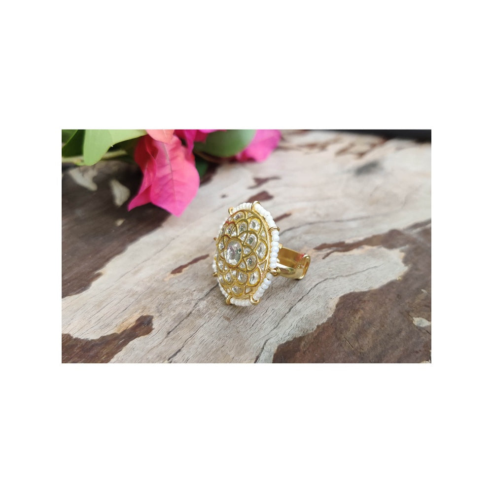 RIANA JEWELLERY Round Shaped Ring Studded White Jadtar Stone In Moti Work