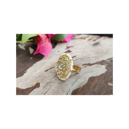 RIANA JEWELLERY Round Shaped Ring Studded White Jadtar Stone In Moti Work