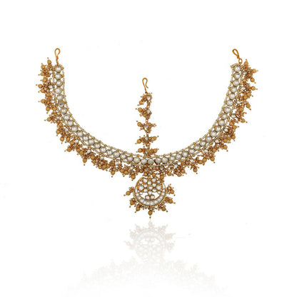 RIANA JEWELLERY White Stone Mathapatti With Golden Balls